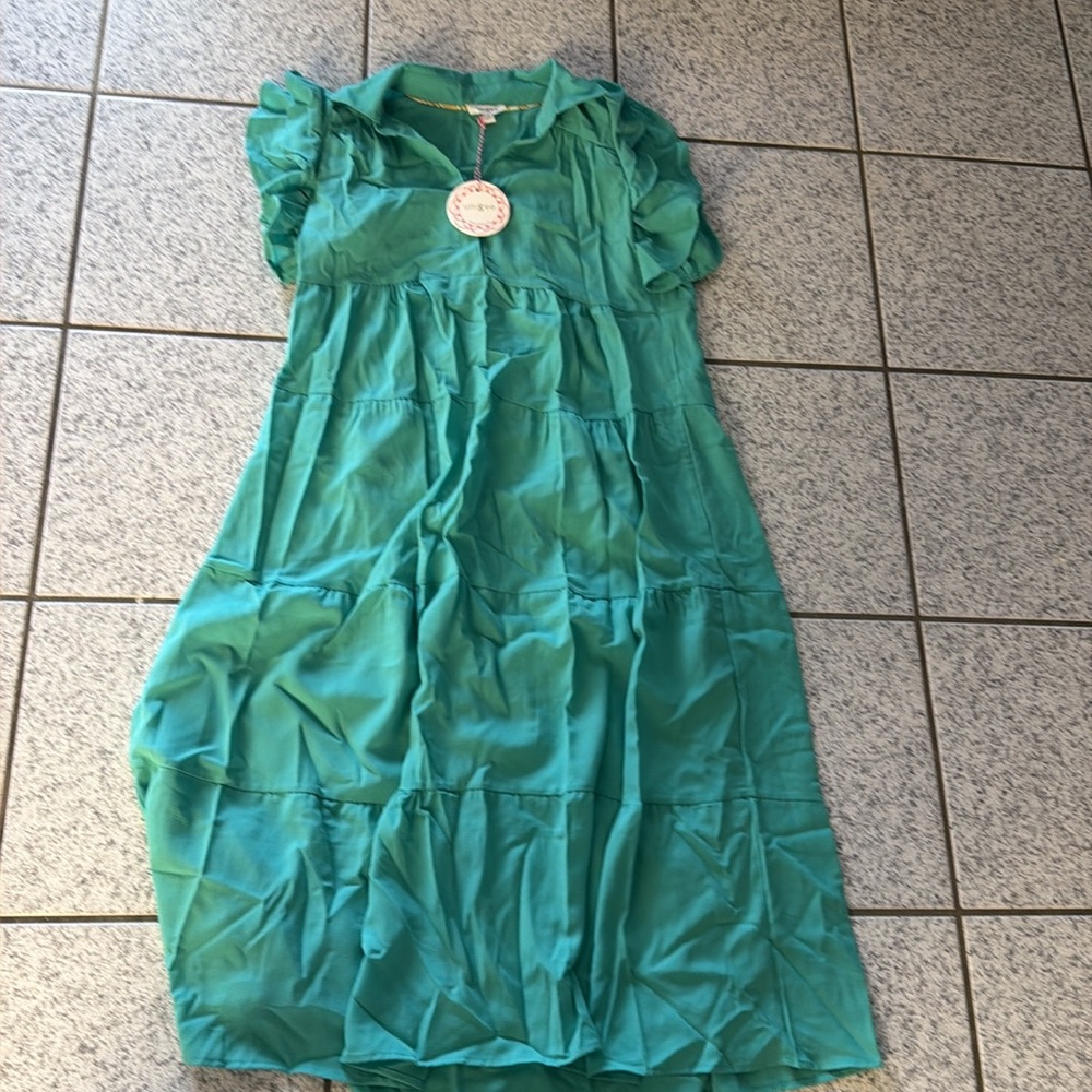 Umgee tiered Midi Dress New Jade Green collared Ruffle sleeve - Picture 4 of 4